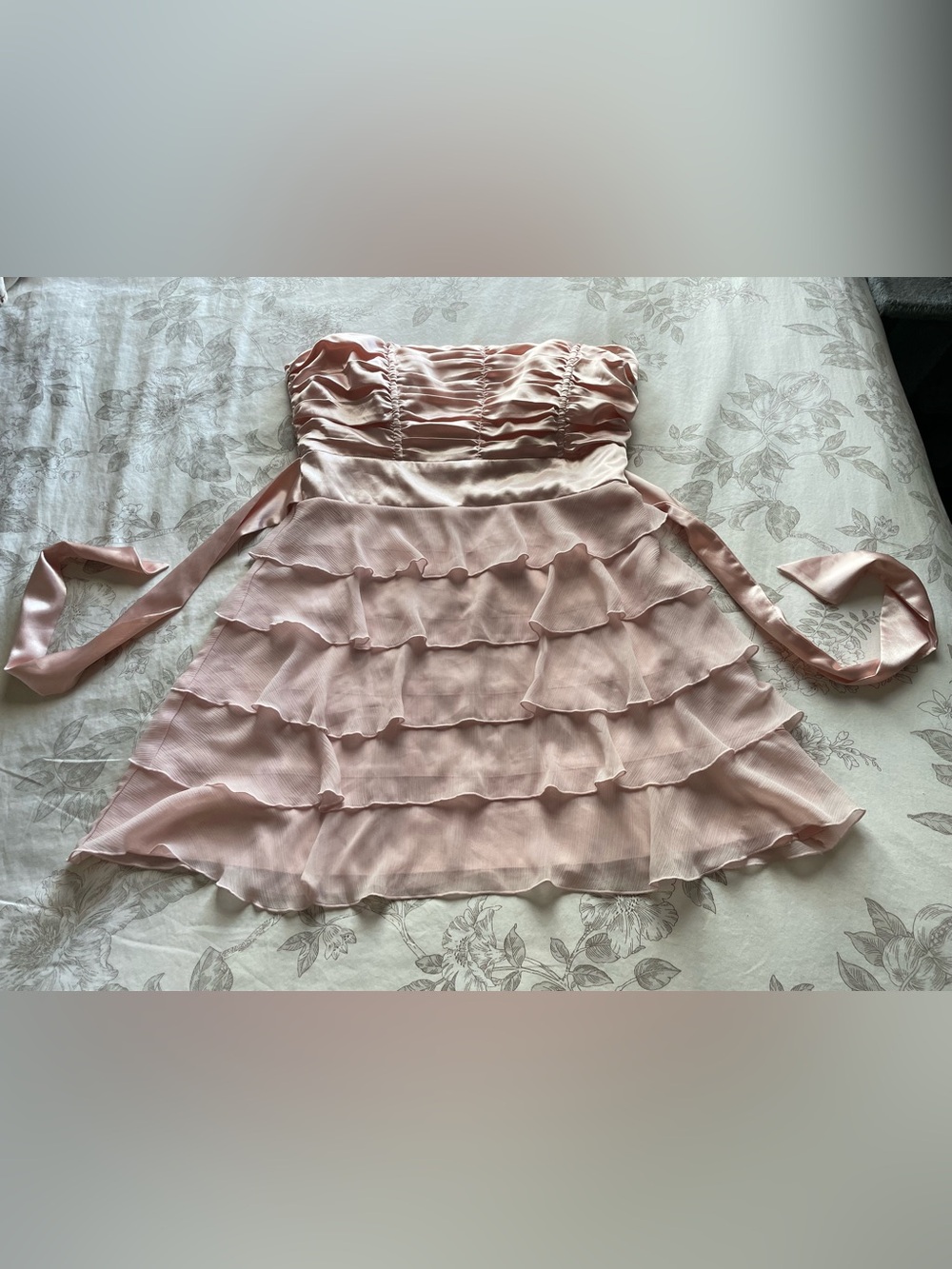 Y2K Baby Pink Strapless Tiered Flounce Ruffle Tie Back Mini Dress Large Coquette